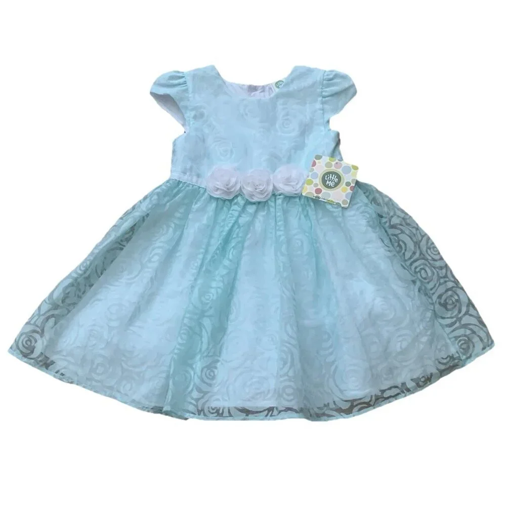 Little Me Baby Girls' Dress Size 18 Months Aqua Floral Dressy Cap Sleeve NWT